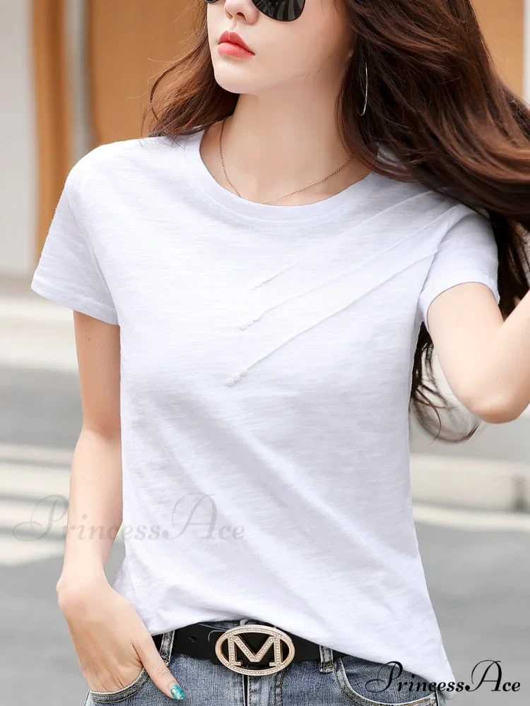 Tops Loose Tee-Shirts Blue Ribbed Warm-Season Cotton T-shirts Casual Button O-Neck Fashion Korea Women S-3XL - Image 9