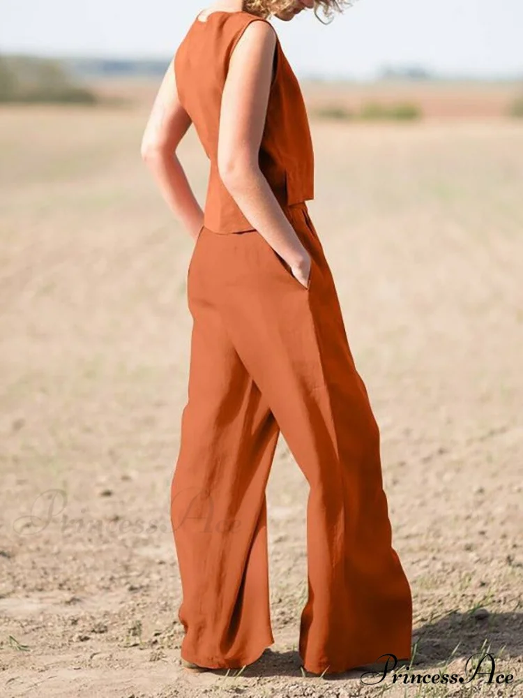 Straight Wide Set + for O-Neck Pants Two Blouse Sleeveless Solid Piece Top Color Vintage Suit Leg Women - Image 2