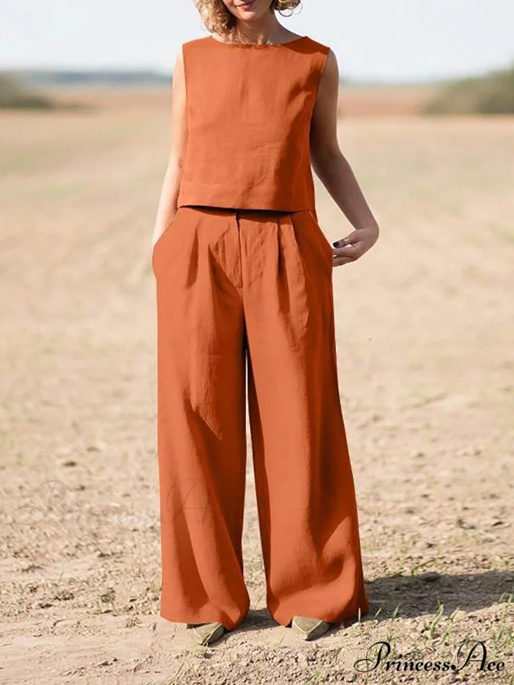 Straight Wide Set + for O-Neck Pants Two Blouse Sleeveless Solid Piece Top Color Vintage Suit Leg Women - Image 4