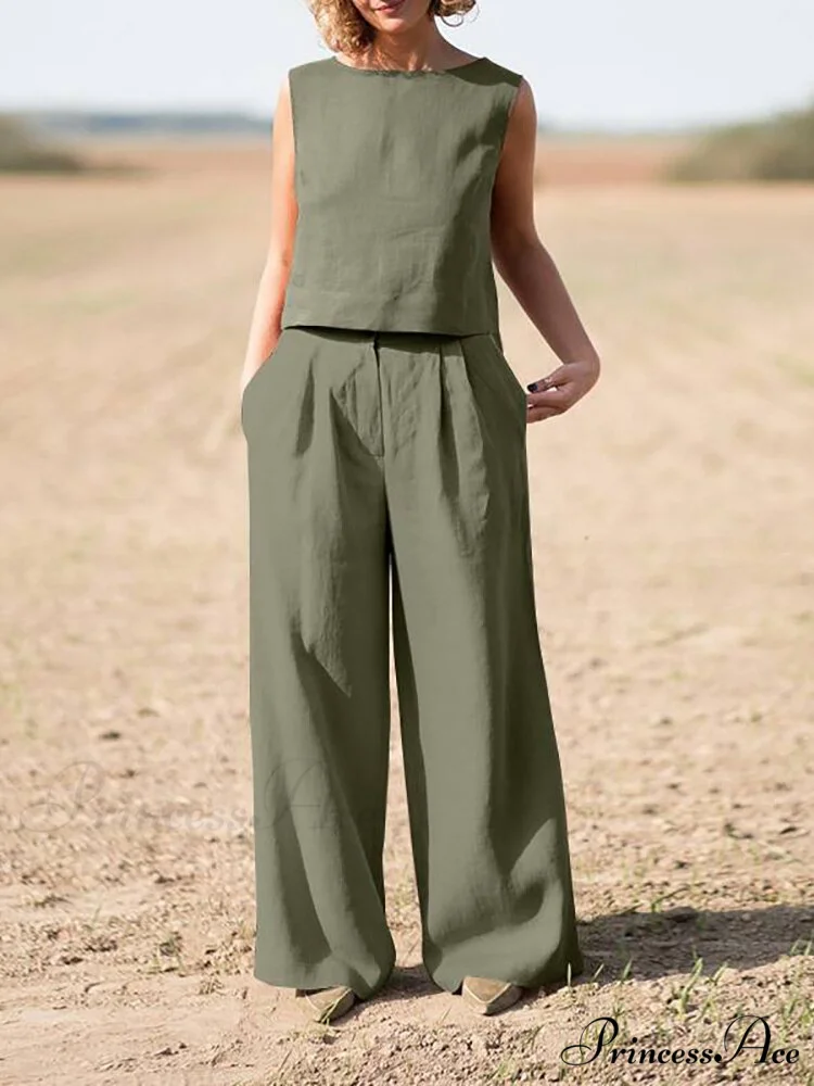 Straight Wide Set + for O-Neck Pants Two Blouse Sleeveless Solid Piece Top Color Vintage Suit Leg Women - Image 7
