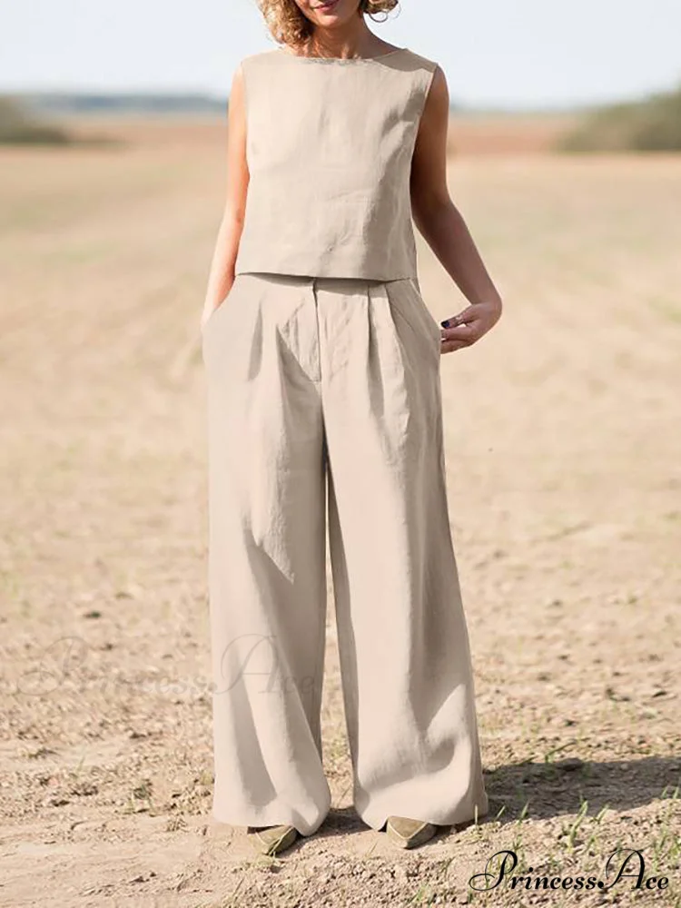 Straight Wide Set + for O-Neck Pants Two Blouse Sleeveless Solid Piece Top Color Vintage Suit Leg Women - Image 9