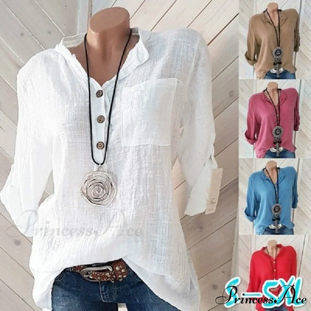 V Blouse Size - Cotton Autumn Oversized Neck Blouse Linen - Long Casual Plus Arm Women's S-5XL