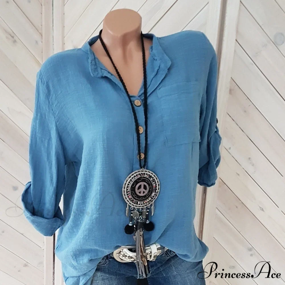 V Blouse Size - Cotton Autumn Oversized Neck Blouse Linen - Long Casual Plus Arm Women's S-5XL - Image 6