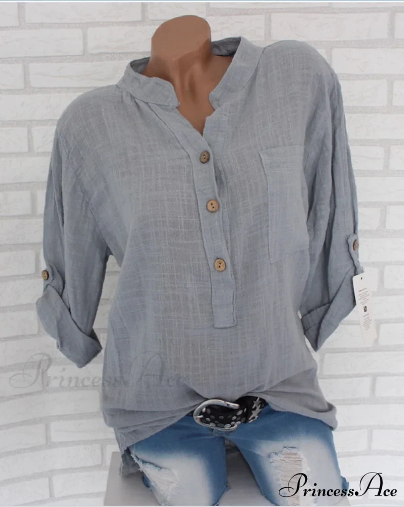 V Blouse Size - Cotton Autumn Oversized Neck Blouse Linen - Long Casual Plus Arm Women's S-5XL - Image 7