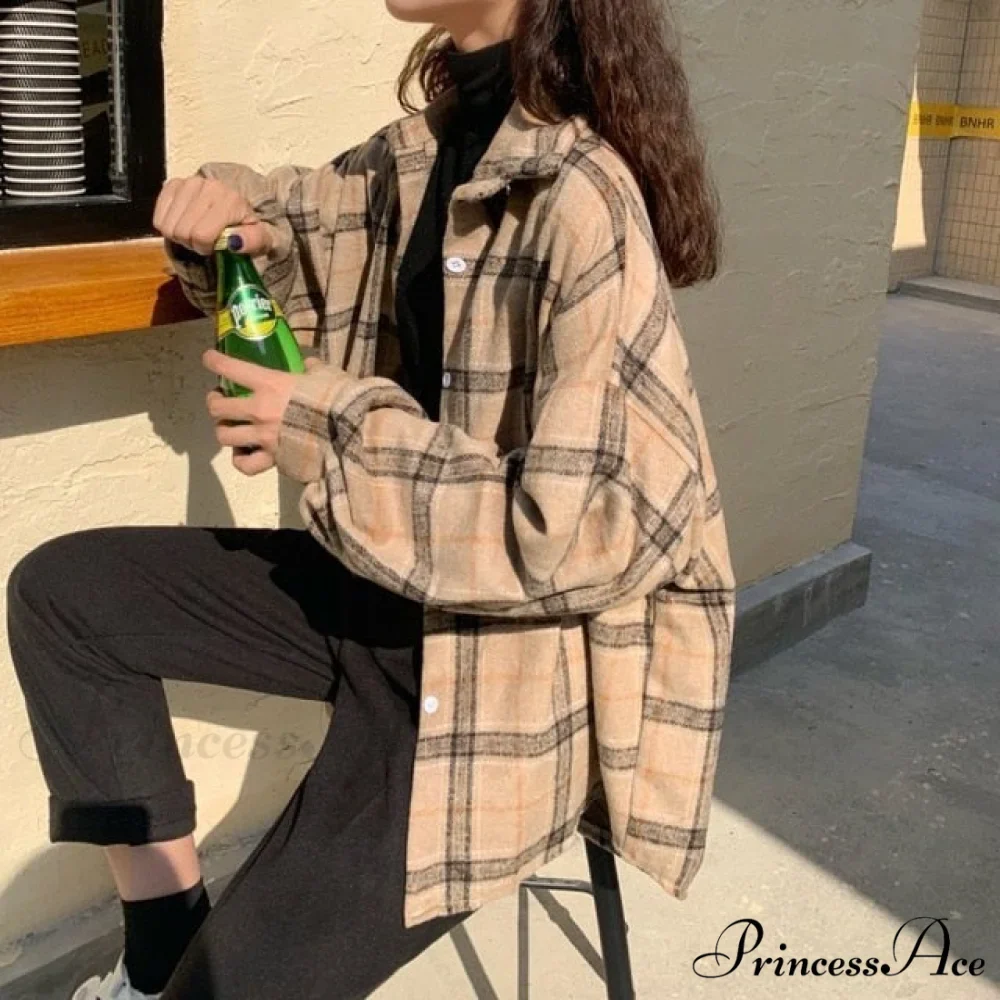 Turn-down Style Spring - Women's Plaid Outwear Loose 4 Neckline Blouse Harajuku with Fit Batwing-sleeve - - Colors - Image 4