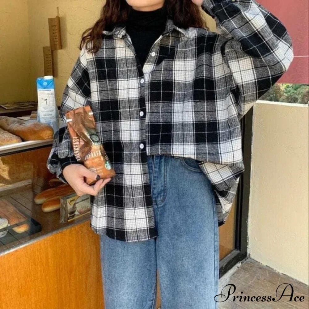 Turn-down Style Spring - Women's Plaid Outwear Loose 4 Neckline Blouse Harajuku with Fit Batwing-sleeve - - Colors - Image 9