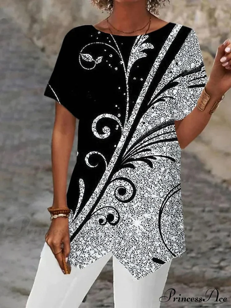 Asymmetric Blouse - Design Blouse Women's Abstract Graphic Silver/Black/White - Image 2