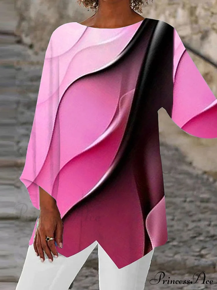 Casual Round Design Women's Blouse Abstract Blouse Asymmetric Graphic Yellow Long Neck - Arm Basic Pink Purple - Image 3