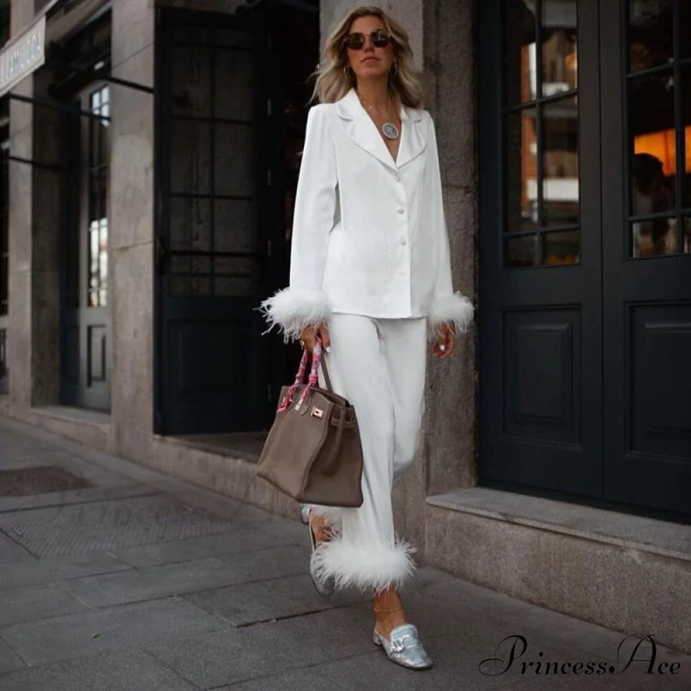 Blouse Pants - Women Casual and Arm Party Tracksuits Long Y2K 2024 Piece Feather Shirts 2 Sexy Elegant Top Set
