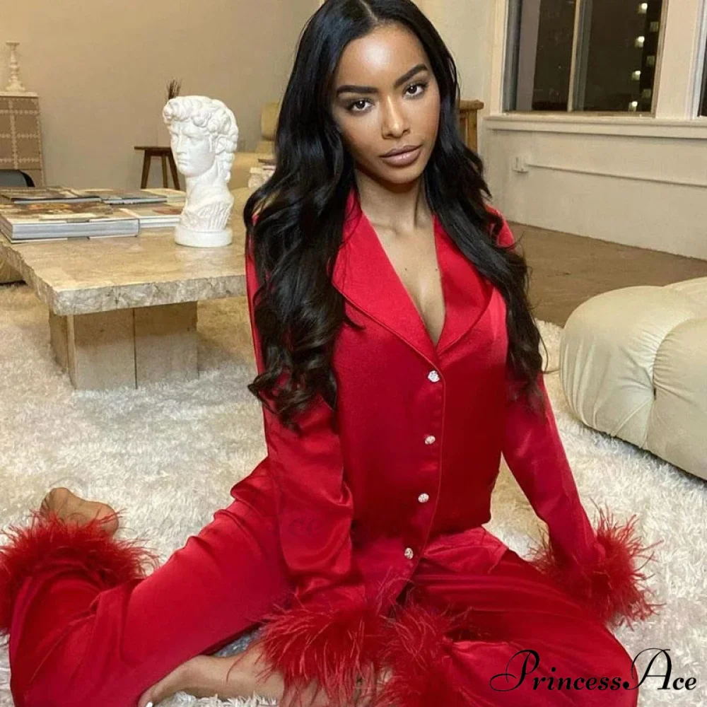 Blouse Pants - Women Casual and Arm Party Tracksuits Long Y2K 2024 Piece Feather Shirts 2 Sexy Elegant Top Set - Image 3