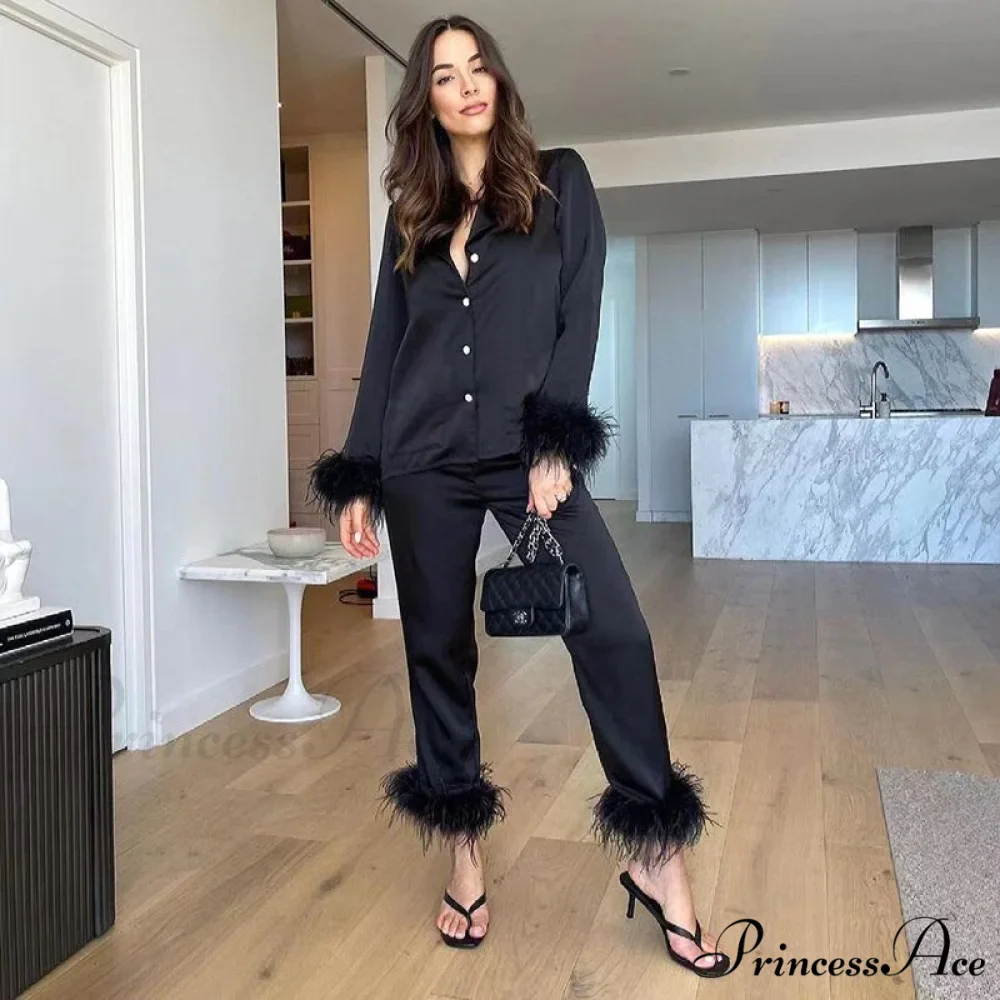 Blouse Pants - Women Casual and Arm Party Tracksuits Long Y2K 2024 Piece Feather Shirts 2 Sexy Elegant Top Set - Image 4