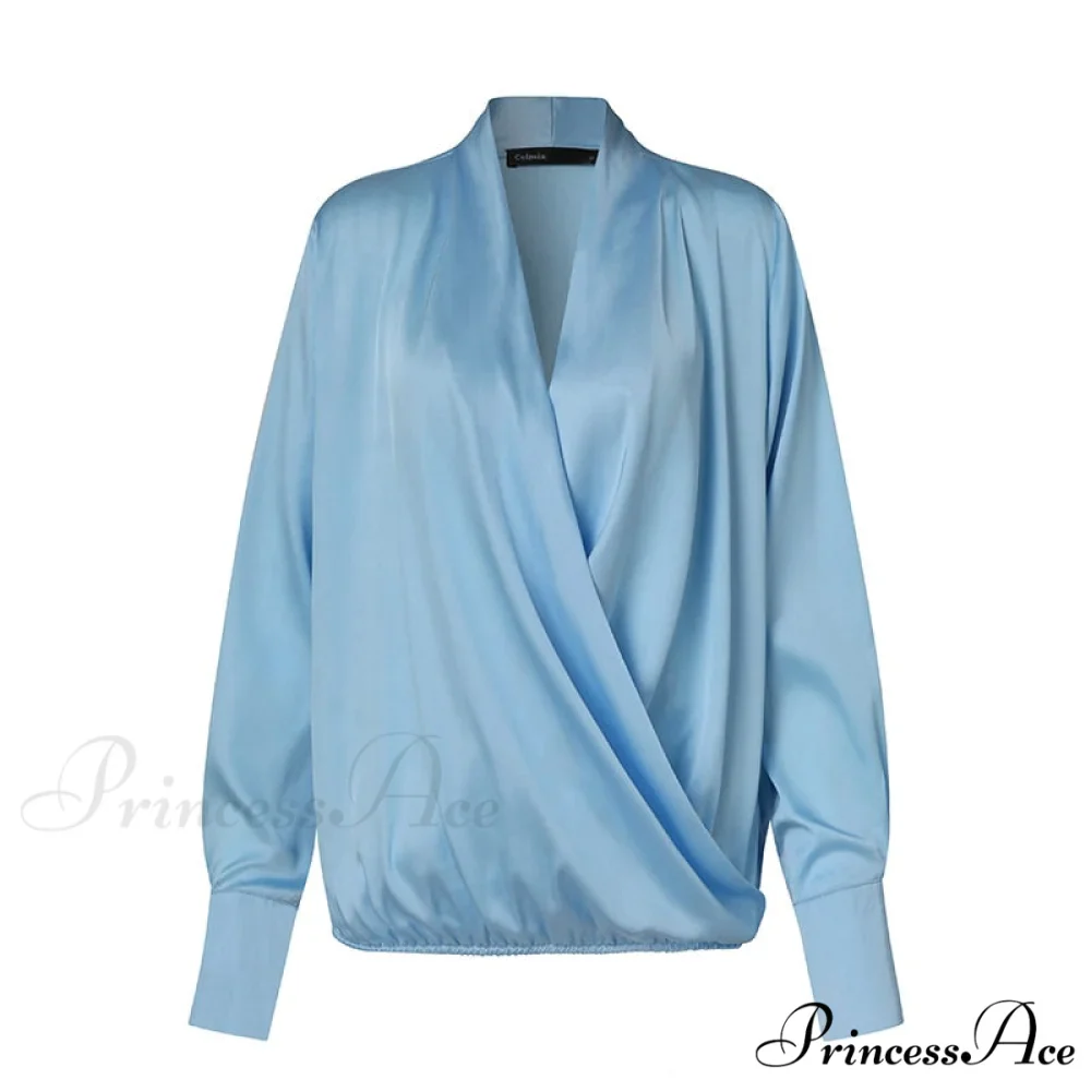 V Blusa Blouse Long 2024 Elegant Casual Solid Arm Blouse Deep Tunic Top Satin Wrap Neck Fashion Feminina - Image 8