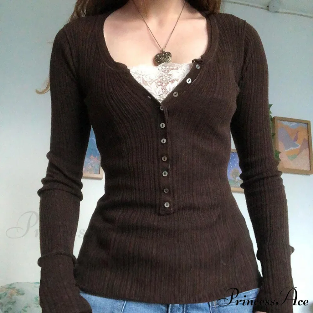 Aesthetic Up Ribbed Lace Arm Patchwork Retro Tops Y2k Skinny Casual Grunge Button Long Fairy Women T-shirt Blouse - Image 3