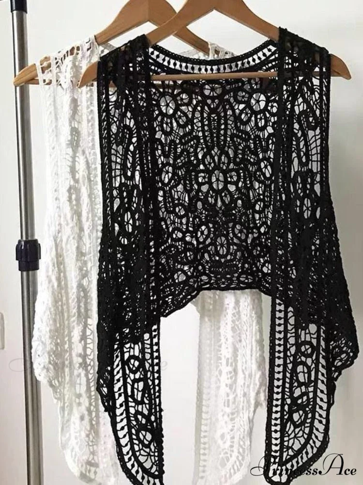 Open Asymmetric Bohemian Embroidery Blouse Crochet Hippie Coastal Cardigan Stitch Knit Vest - Image 3