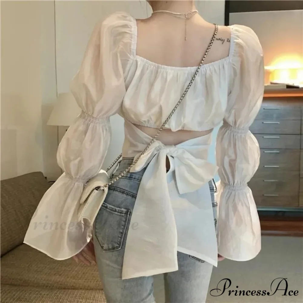 Arm Bandage Black New Cropped Pink Fashion Neck - Spring French Women Boxy Autumn Blouse Bow - Top Women Back Puff Blouse - Female - Image 2
