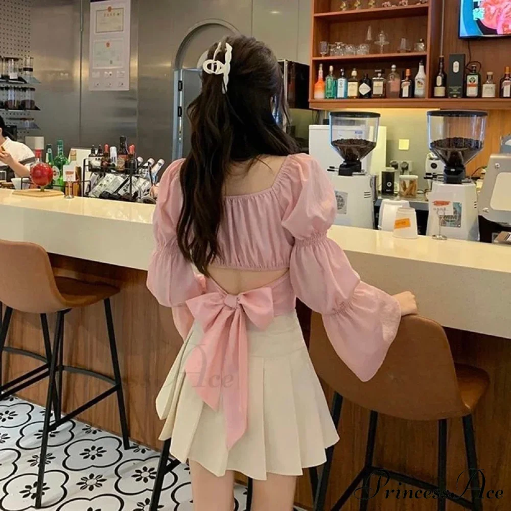 Arm Bandage Black New Cropped Pink Fashion Neck - Spring French Women Boxy Autumn Blouse Bow - Top Women Back Puff Blouse - Female - Image 3