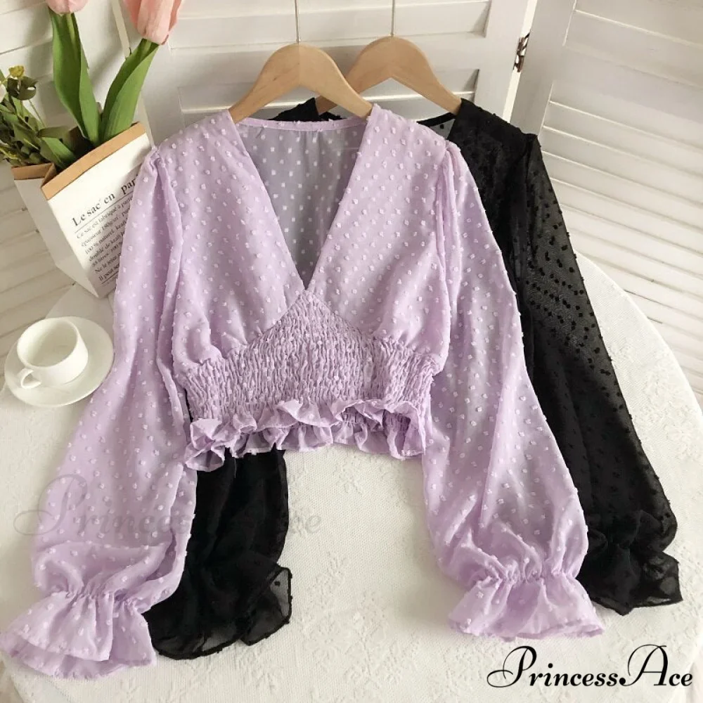 Blouse Spot and with Puff Blouse Pullover - Chiffon V-neck Sweet Spring Sleeves