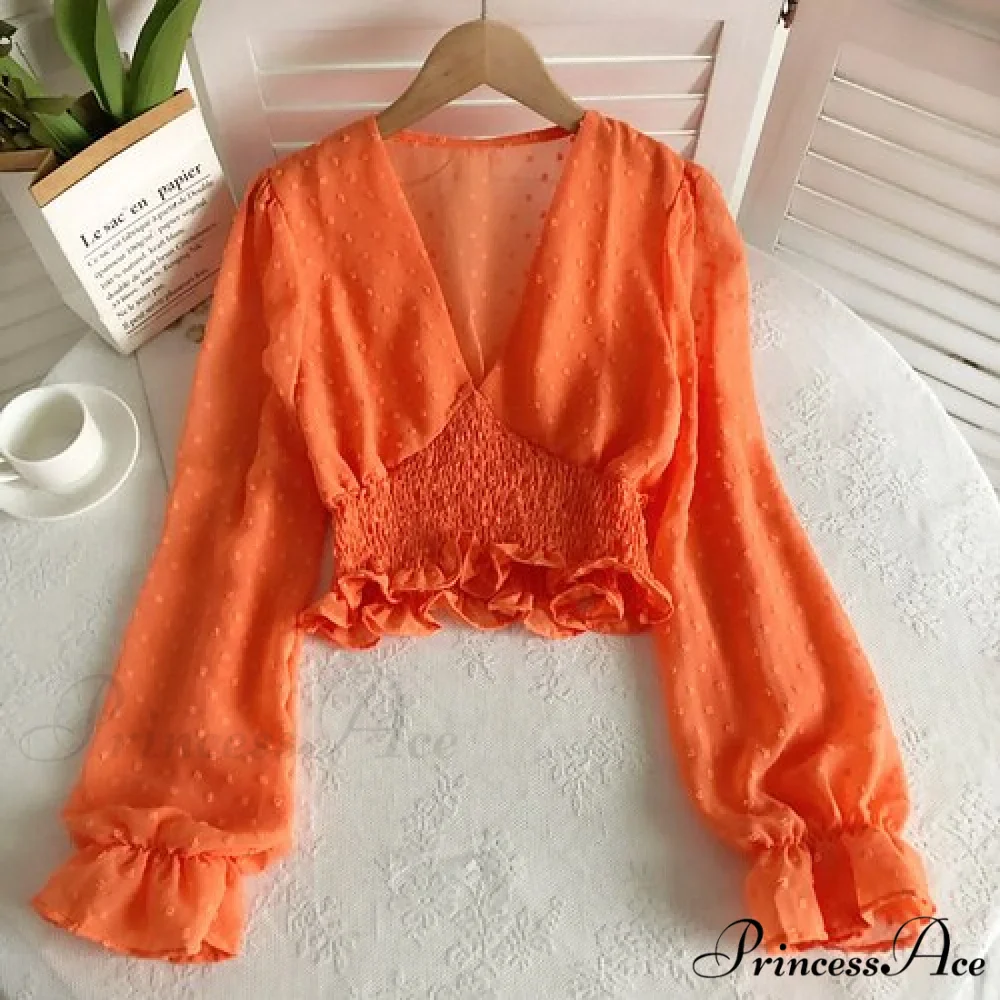 Blouse Spot and with Puff Blouse Pullover - Chiffon V-neck Sweet Spring Sleeves - Image 11