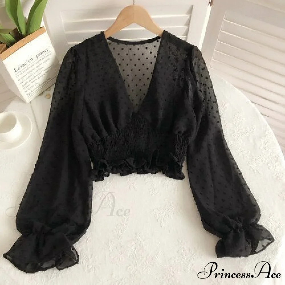 Blouse Spot and with Puff Blouse Pullover - Chiffon V-neck Sweet Spring Sleeves - Image 12