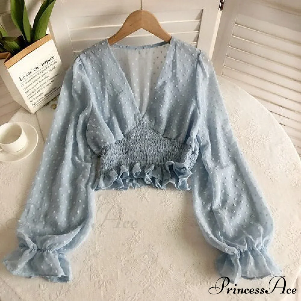 Blouse Spot and with Puff Blouse Pullover - Chiffon V-neck Sweet Spring Sleeves - Image 13