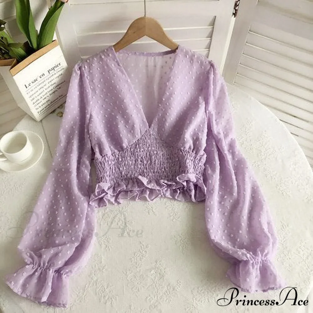 Blouse Spot and with Puff Blouse Pullover - Chiffon V-neck Sweet Spring Sleeves - Image 14