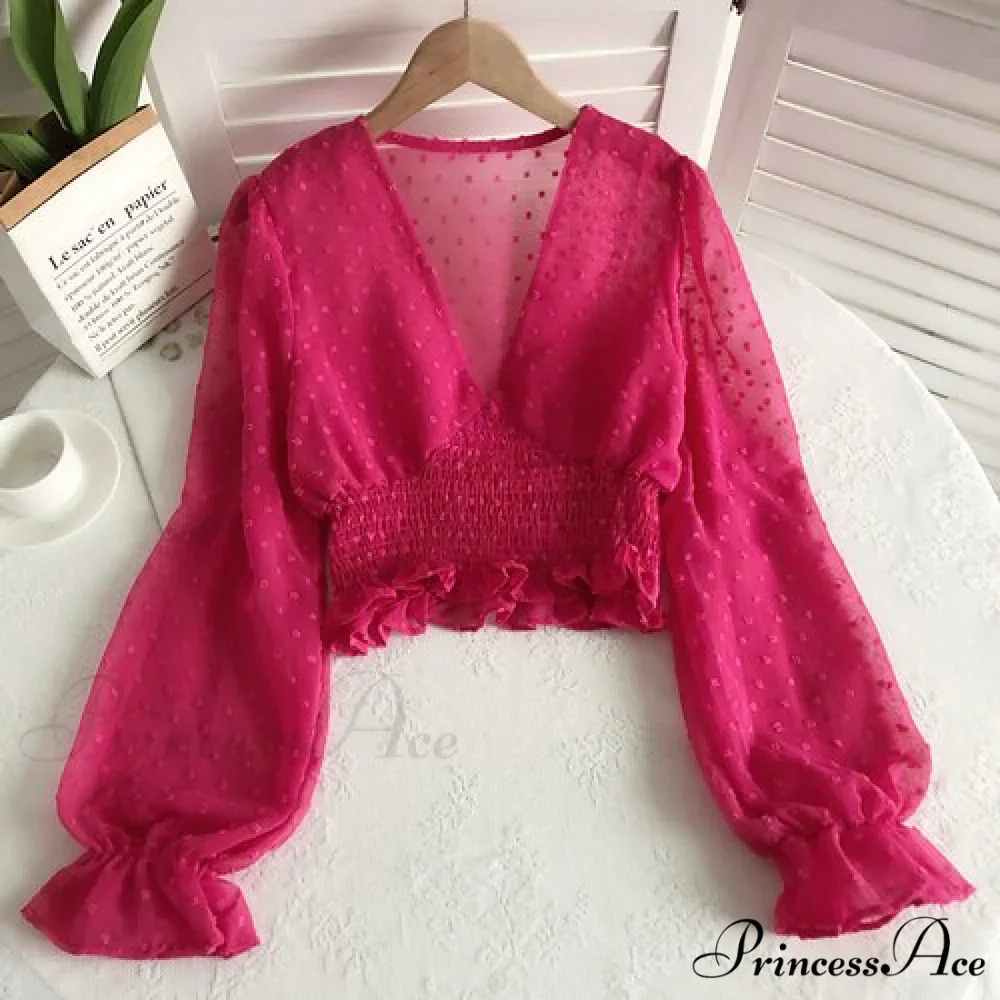 Blouse Spot and with Puff Blouse Pullover - Chiffon V-neck Sweet Spring Sleeves - Image 15