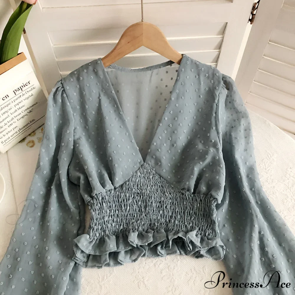 Blouse Spot and with Puff Blouse Pullover - Chiffon V-neck Sweet Spring Sleeves - Image 16