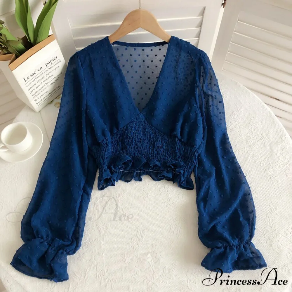 Blouse Spot and with Puff Blouse Pullover - Chiffon V-neck Sweet Spring Sleeves - Image 2