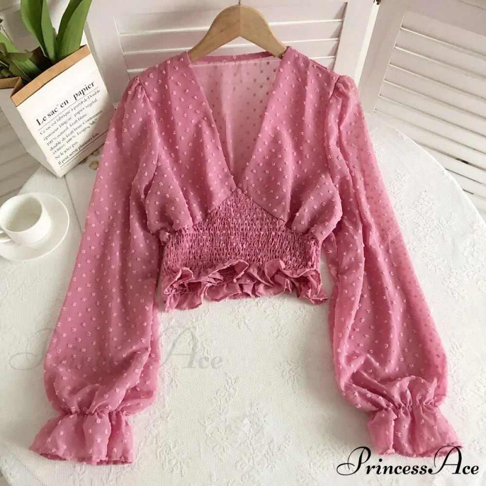 Blouse Spot and with Puff Blouse Pullover - Chiffon V-neck Sweet Spring Sleeves - Image 3