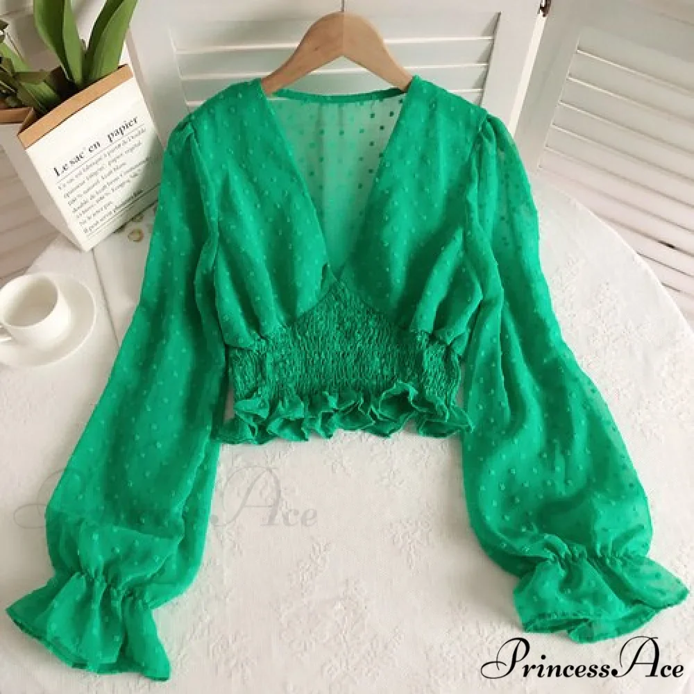 Blouse Spot and with Puff Blouse Pullover - Chiffon V-neck Sweet Spring Sleeves - Image 4