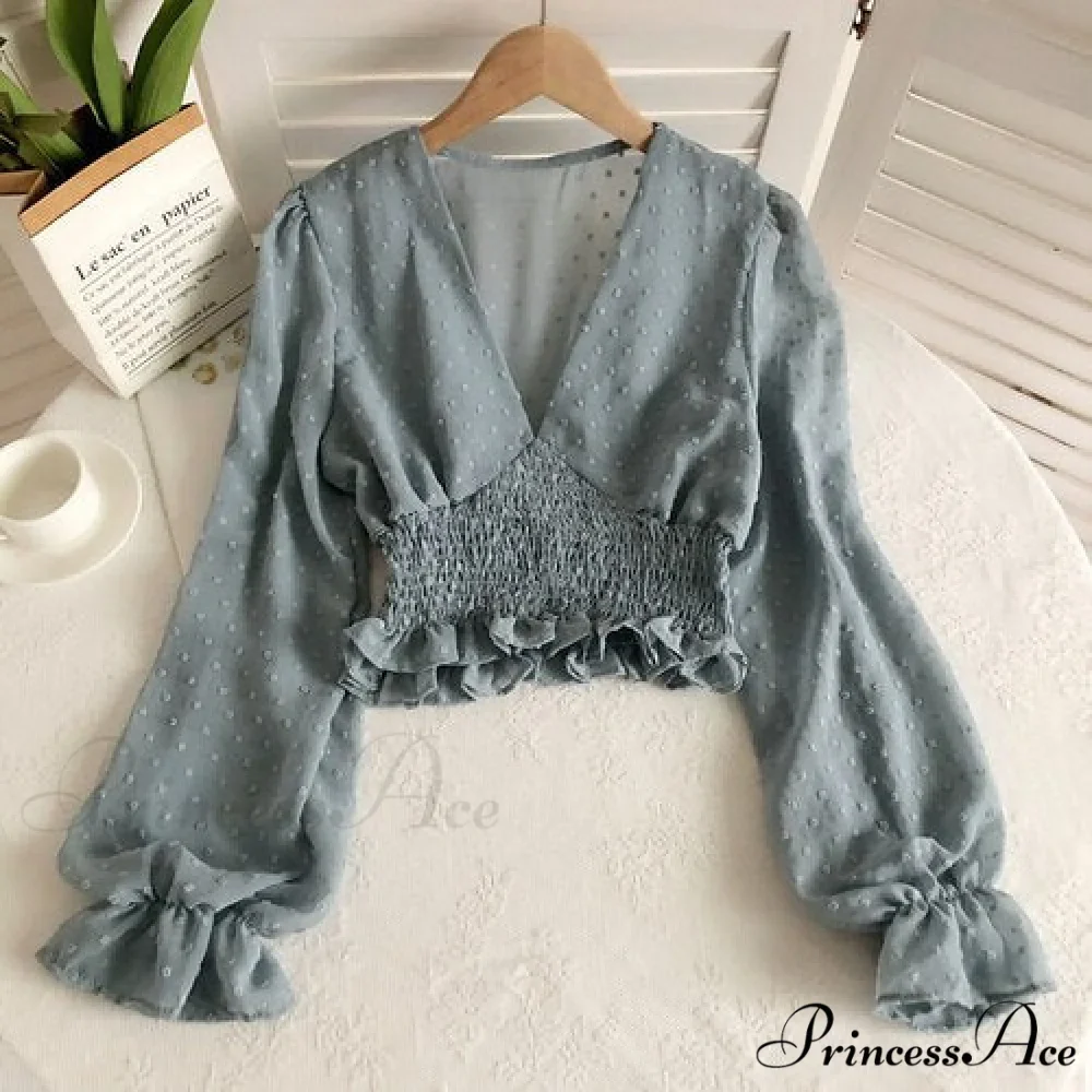 Blouse Spot and with Puff Blouse Pullover - Chiffon V-neck Sweet Spring Sleeves - Image 6
