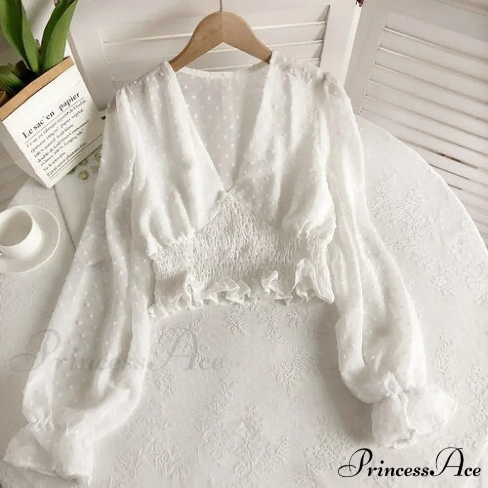 Blouse Spot and with Puff Blouse Pullover - Chiffon V-neck Sweet Spring Sleeves - Image 7