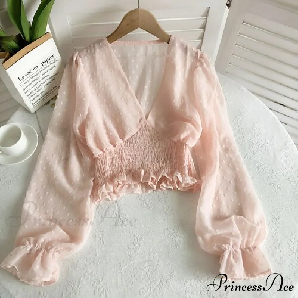 Blouse Spot and with Puff Blouse Pullover - Chiffon V-neck Sweet Spring Sleeves - Image 8