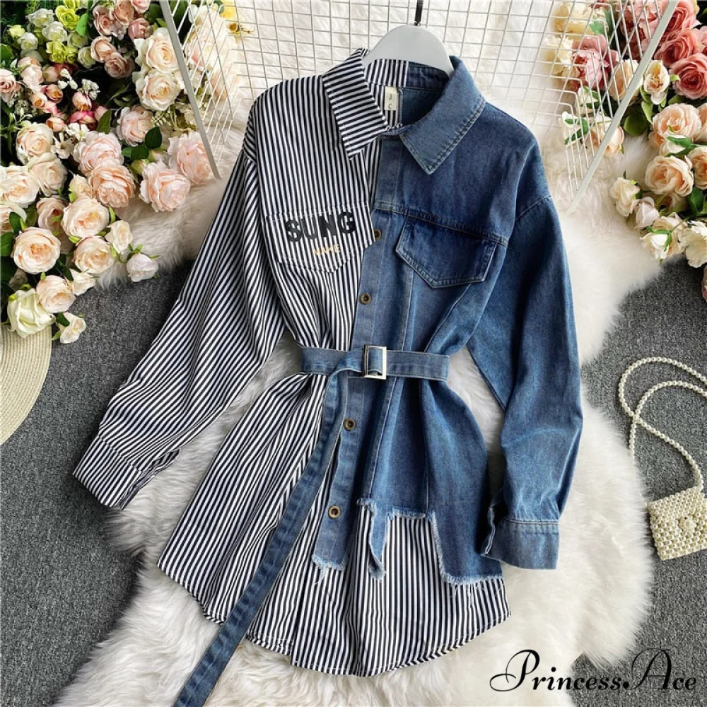 Blouse Patchwork - Plaid Jeans Long Blouse Women's with Autumn Arm Elegant Design Slim Dress - Image 3