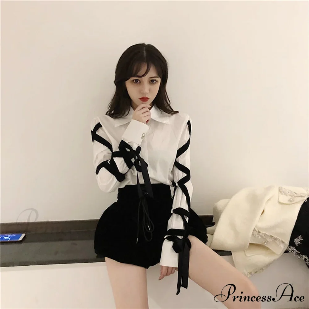 Blous Top Womens Spring Long Ribbons Arm Casual Black Stitching Office Blouse Lady Blouse - Image 3