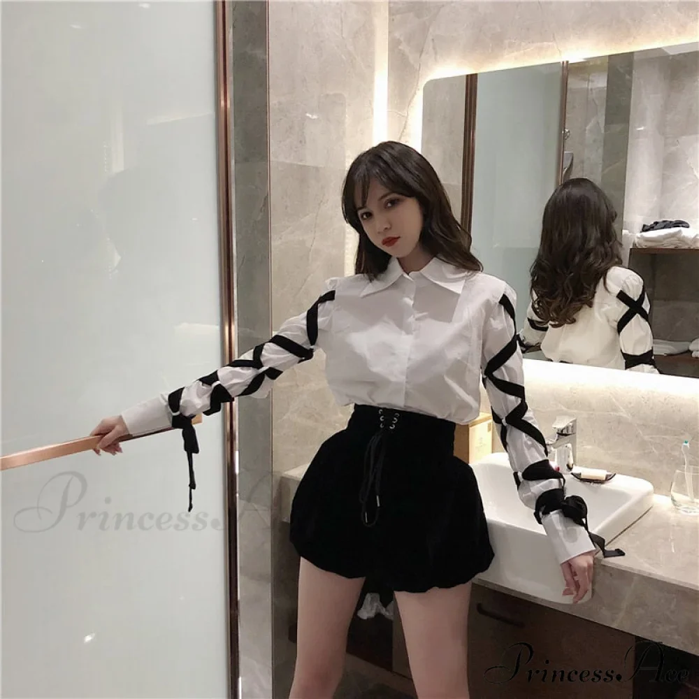 Blous Top Womens Spring Long Ribbons Arm Casual Black Stitching Office Blouse Lady Blouse - Image 4