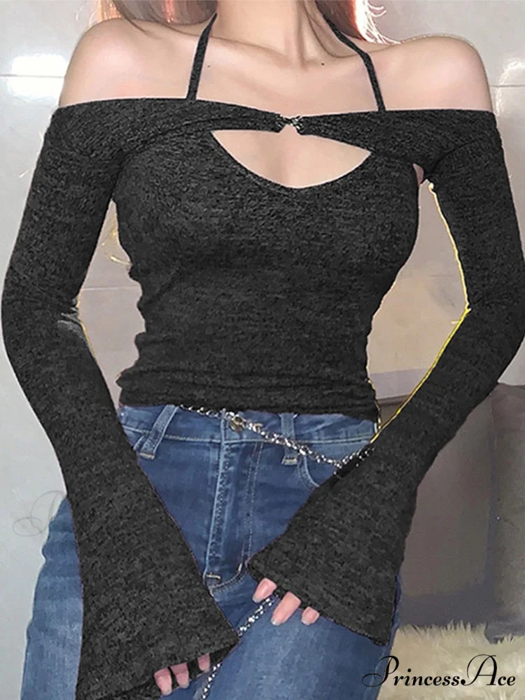 Halter 2 Crop Top T-Shirts Backless Arm Long Y2K Women's Shoulder Piece Tanks Christmas Tees Off Tops Clothes - Image 4