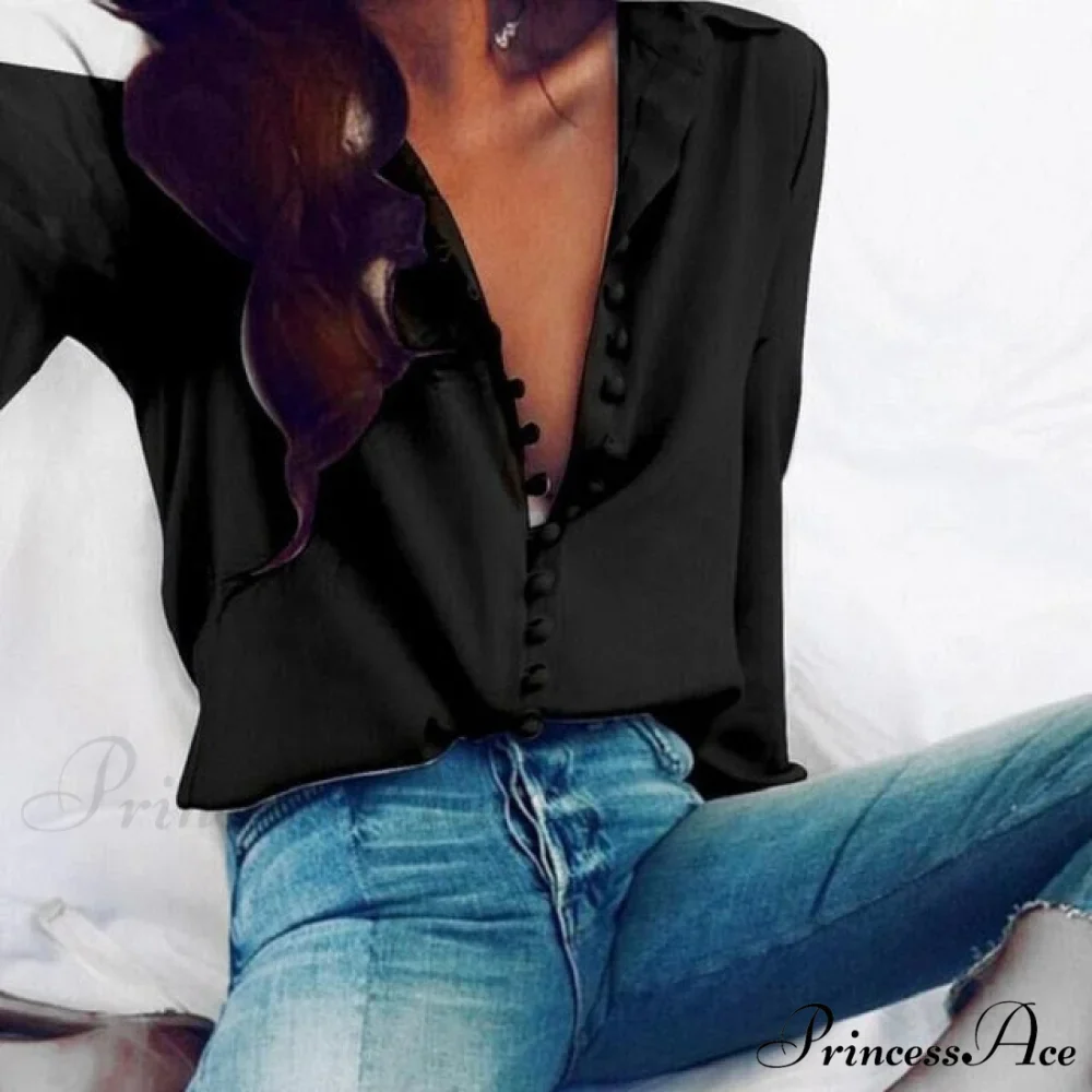 Chiffon Arm Blouse Ladies Top in Solid Casual - with Women Blouse Long Buttons Office Color Spring - White - Image 2