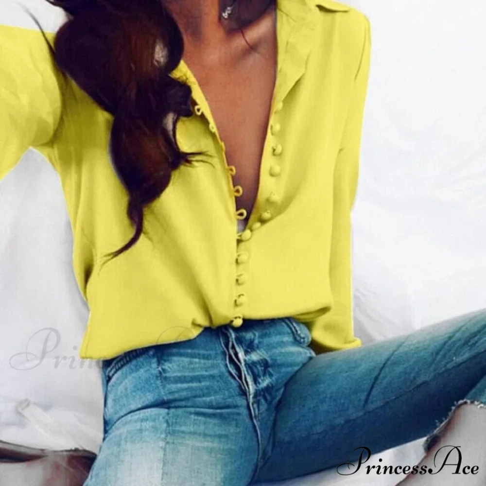 Chiffon Arm Blouse Ladies Top in Solid Casual - with Women Blouse Long Buttons Office Color Spring - White - Image 3