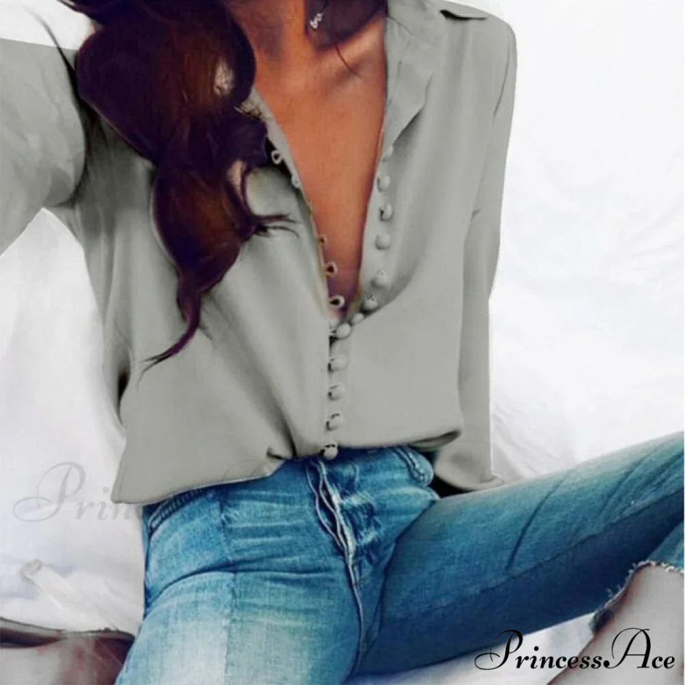 Chiffon Arm Blouse Ladies Top in Solid Casual - with Women Blouse Long Buttons Office Color Spring - White - Image 6