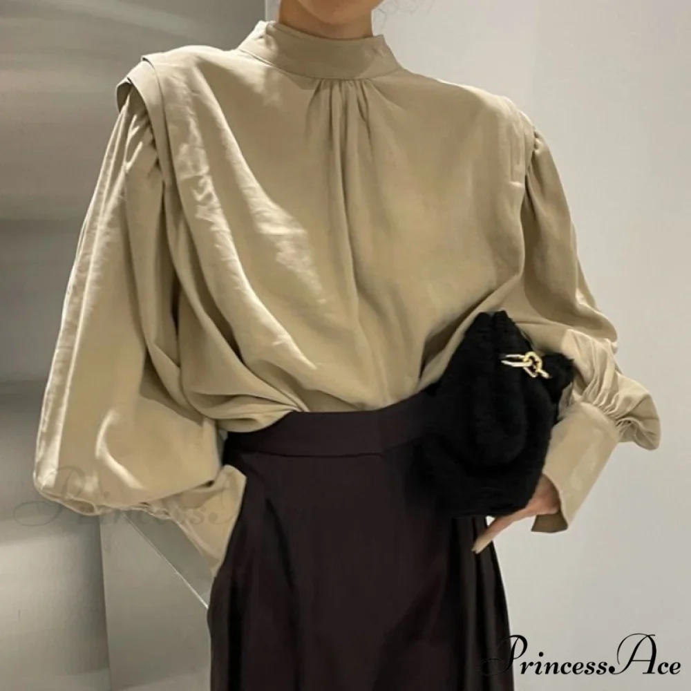 Elegant Blouse Black Sleeves Blouse Lantern Oversized and Vintage with Up Button Women's Detail