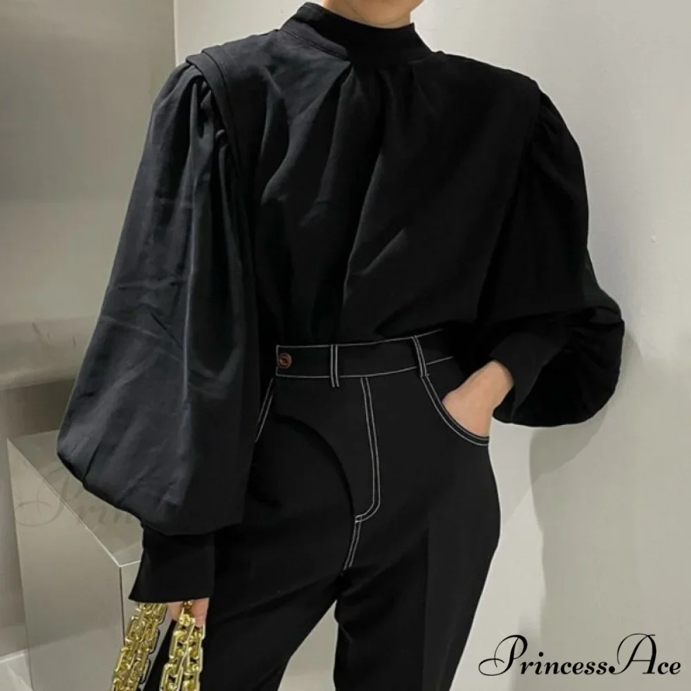 Elegant Blouse Black Sleeves Blouse Lantern Oversized and Vintage with Up Button Women's Detail - Image 3