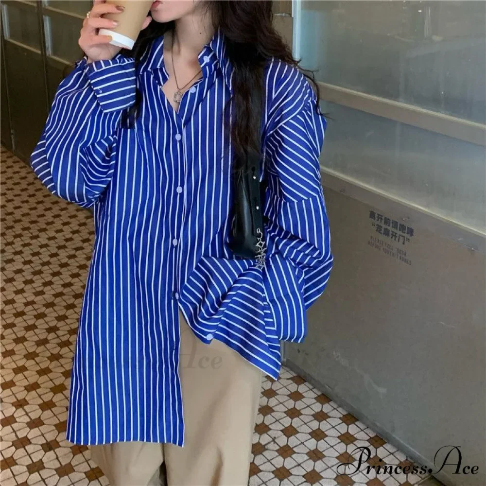 Women Long Tops Arm Casual Vintage Shirts Chic Deeptown Blouses Striped Office Fashion Korean Wear - Image 3