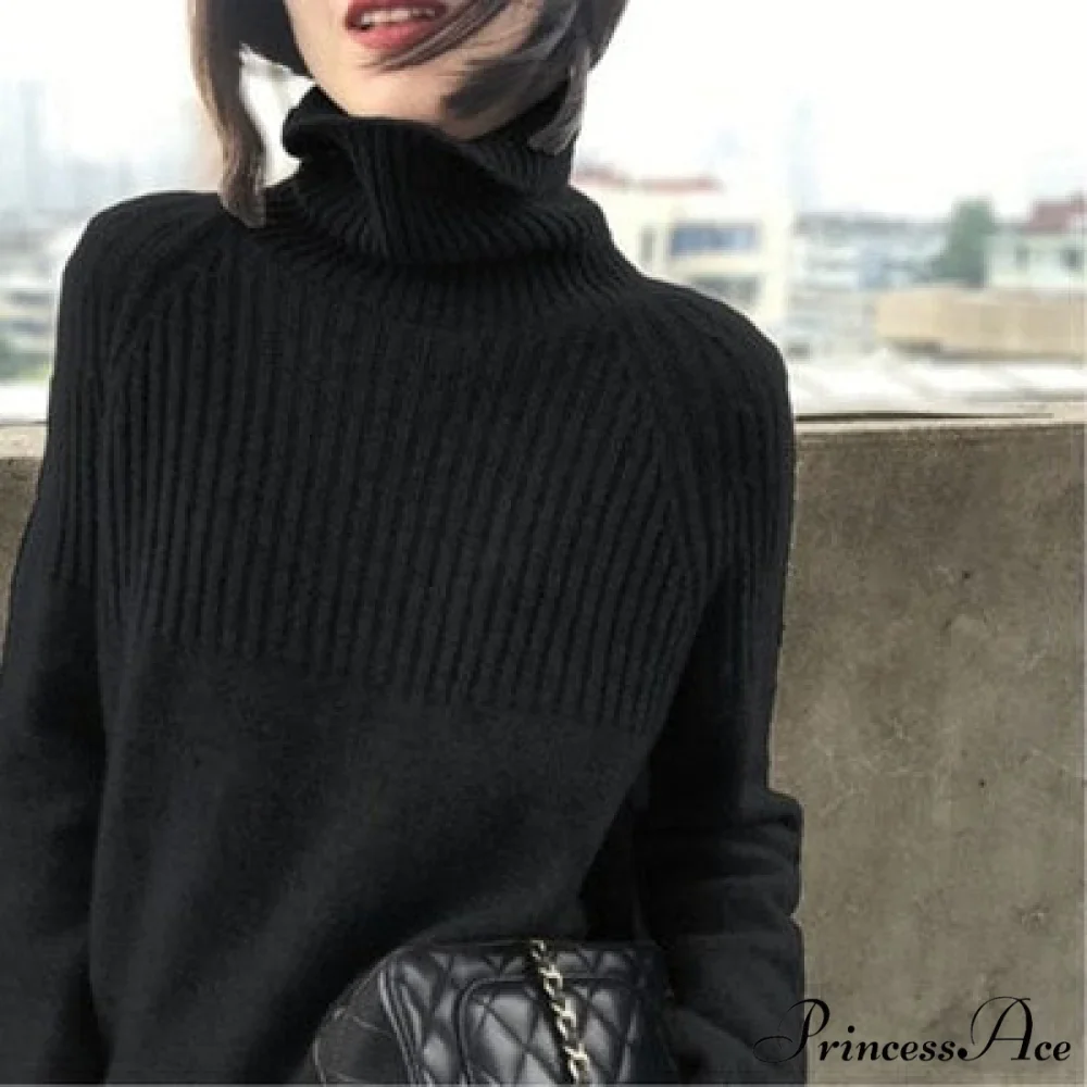 Sweater New Autumn/Winter Solid Neckline 2024 Color Winter Loose Blouse Pullover Ladies High Jumpers - Image 2