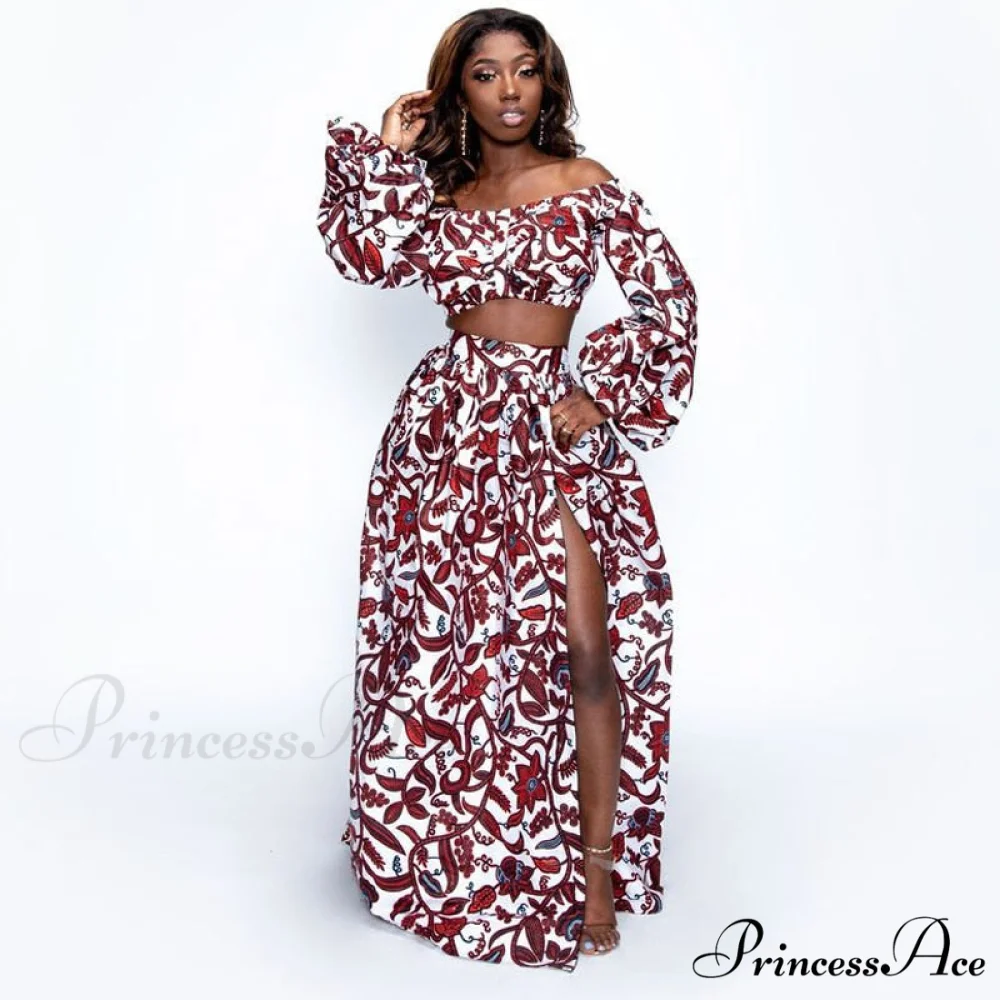 Skirt Top Vintage Africa and Elegant Women High Slit Piece Slash-neck with featuring Blouse Gown Sleeveless National Set Two Print - Image 6