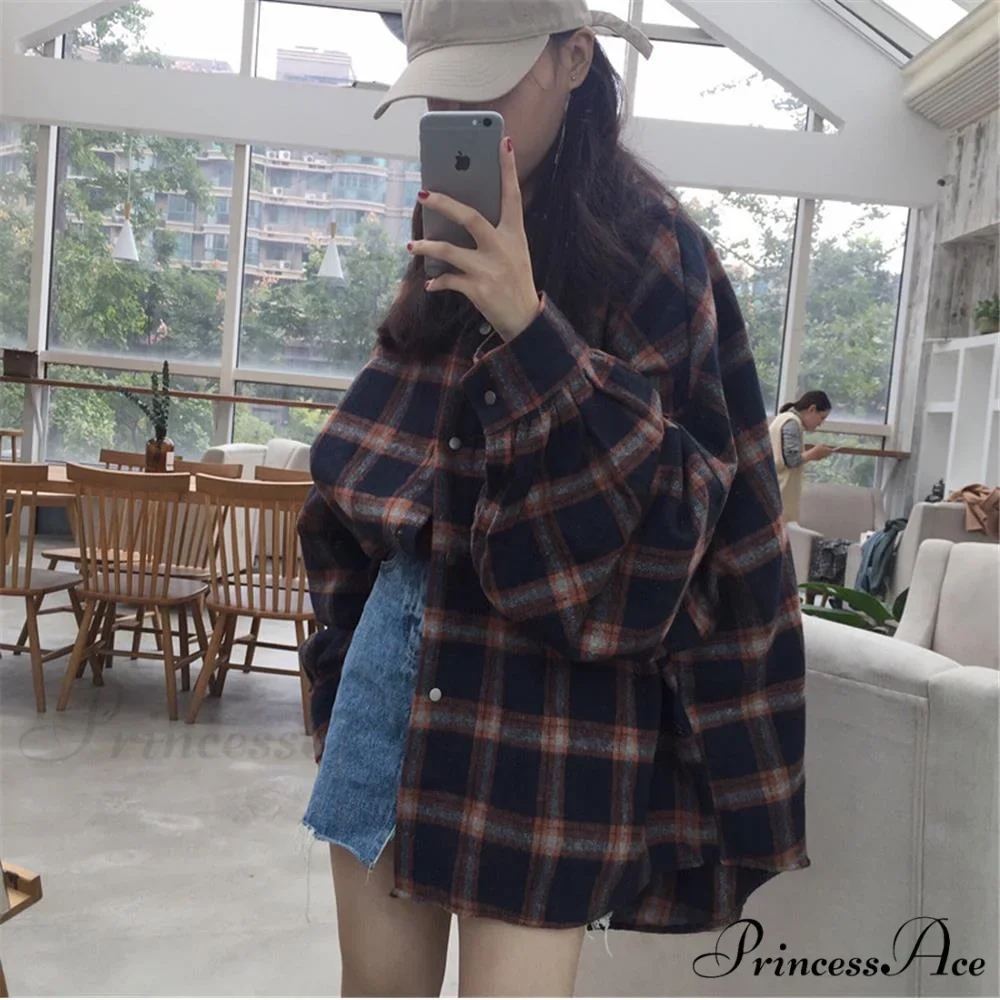 Korean Flannel Plaid Boyfriend Oversized Blouse Casual for Women Autumn Street Tunic Shirts Blouse Vintage Tops - Image 5