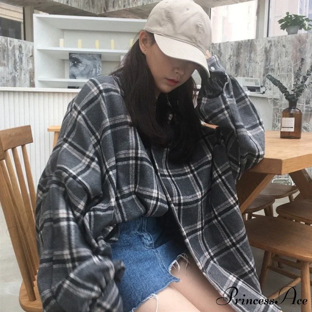 Korean Flannel Plaid Boyfriend Oversized Blouse Casual for Women Autumn Street Tunic Shirts Blouse Vintage Tops - Image 6