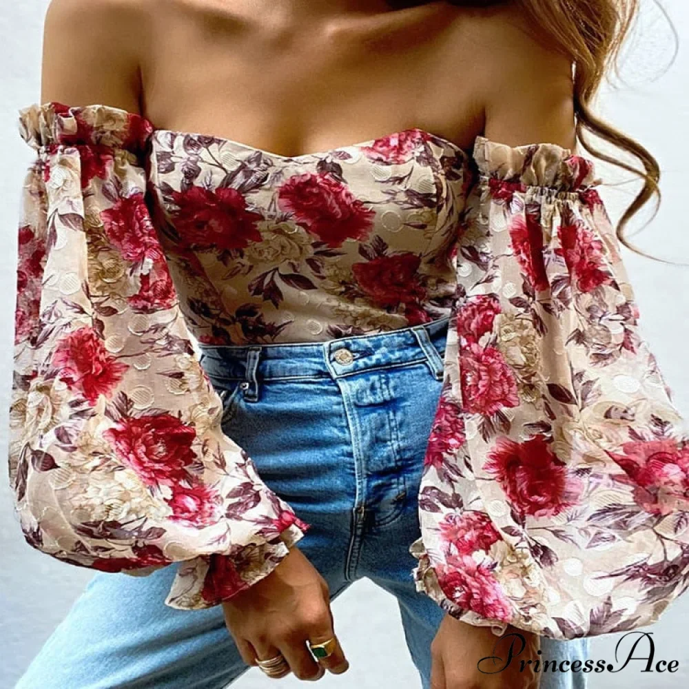 Blouse Women Neck Flowered Tube Blous Fashion Shoulder Off Arm Slash Top The Puff Women - Image 10