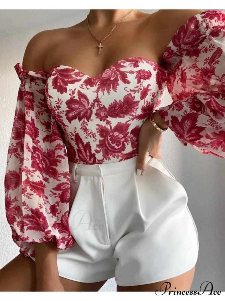 Blouse Women Neck Flowered Tube Blous Fashion Shoulder Off Arm Slash Top The Puff Women - Image 14