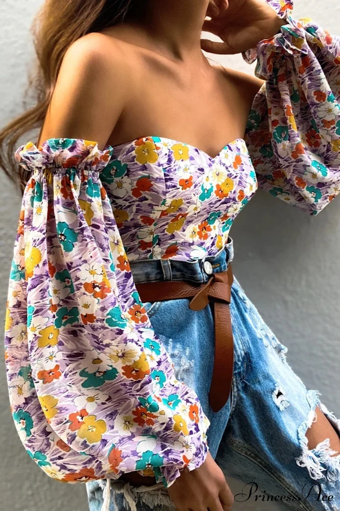 Blouse Women Neck Flowered Tube Blous Fashion Shoulder Off Arm Slash Top The Puff Women - Image 16